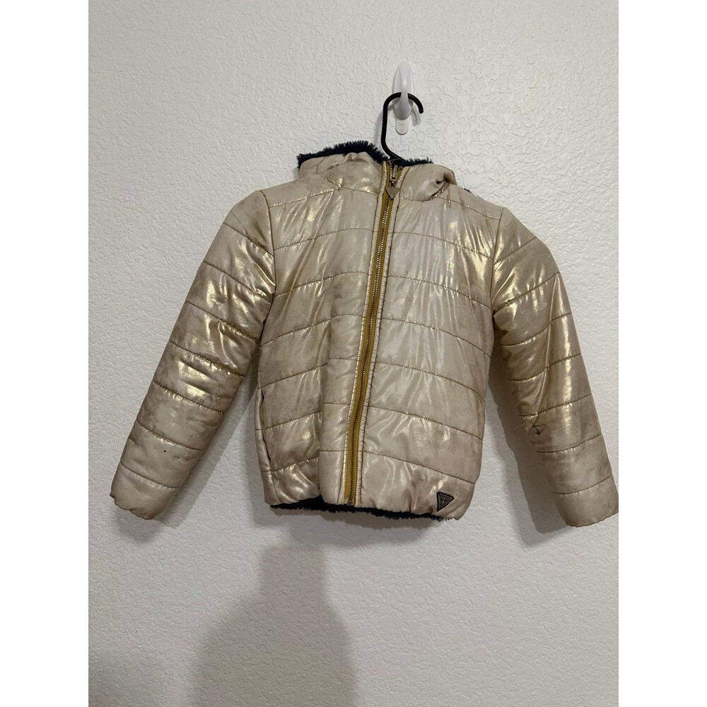 Guess Girls Reversible Metallic Puffer Faux Fur Jacket Size 5/6 Gold Navy Hooded
